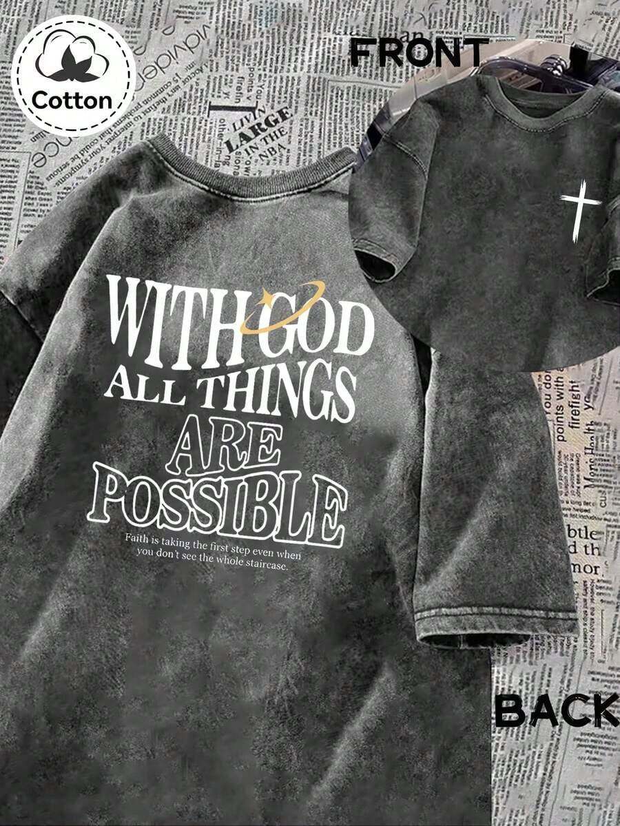 God Is With You, Everything Is Possible. Men's Short-Sleeved T-Shirt With Double-Sided Print, High Quality, Thick And Heavyweight, Loose Fit, Made Of Old Cotton, Washed With Water, With A Round Neck, Casual Style, 100% Cotton, Retro Washed Style, Vintage Y2K T-Shirt, Unisex Washed Cotton T-Shirt, Mother's Day Gift. - 白色 - 查看 1