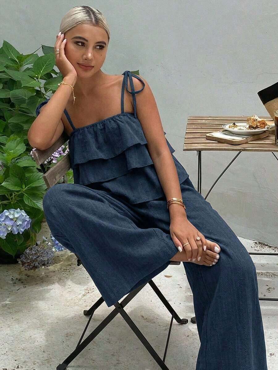 2026 2 piezas Conjunto de top con volantes y pantalones de cintura alta con lazo, conjunto casual de 2 piezas, conjunto de verano para mujer, conjunto de shorts para mujer - Azul 4 - Ver 1