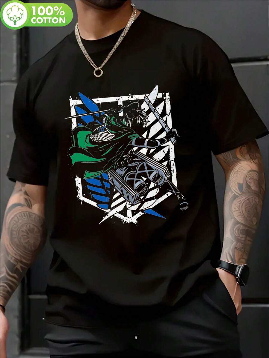 Camiseta Titan Slaughter para Hombres con Gráfico de Espada Geométrica Audaz - 100% Algodón, Ajuste Regular Manga Corta, Cómoda para Todas las Estaciones y Uso Casual al Aire Libre, Camisa Negra Lavable a Máquina Duradera, T-shirt Elegante, Corte Confortable, Moda Urbana, Tejido Suave, Estampado, Jóvenes Adultos - Negro - Ver 1