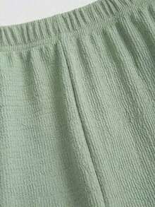 2 piezas Conjunto de mujer minimalista y cómodo de punto acanalado con hebilla de metal decorativa, para otoño - Verde - Ver 3