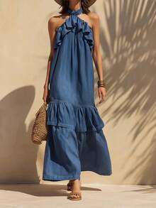 Bohemio  Casual  Dulce    Volante    Playa  Vacación - Azul - Ver 1