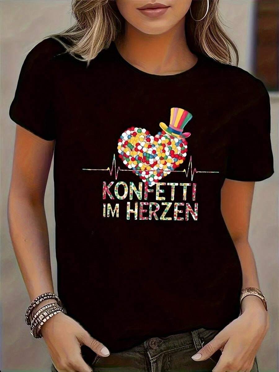 1 pieza de Playera de manga corta 100% algodón, cuello redondo casual con estampado, estilo amoroso moderno, manga corta transpirable para uso diario - Negro - Ver 1