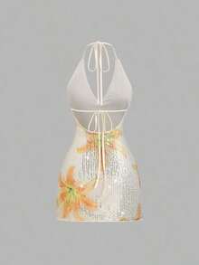 Vestido mini elegante y romántico para mujer con estampado floral y de lentejuelas, cuello en V y espalda descubierta con tirantes anudados, adecuado para vacaciones, fiestas y reuniones, primavera/verano - Multicolor - Ver 8