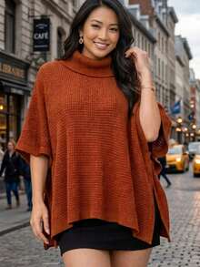 Women's High-Neck Knit Coat, Cape Style, Ideal For Autumn And Winter Looks, Perfect For The Blogger Style. High In The Front And Low In The Back. Pointelle Knit. - 鐵鏽色 - 查看 2
