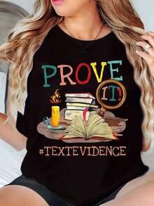 Camisetas gráficas de manga corta para mujer, camiseta de mujer con estampado de "Prove It", texto, evidencia, pila de libros y lupa, top casual de verano, 220g, estilo vintage. - Negro - Ver 6