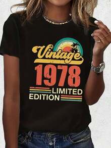 Camiseta de moda de primavera-verano para mujer con estampado vintage del año 1978 - Blusa casual estampada para salidas. - Negro - Ver 1