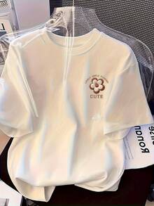 Camiseta de Cuello Redondo con Estampado Floral y Monograma, Casual, de Manga Corta para Mujer - Blanco - Ver 1