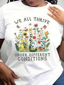 Todos prosperamos bajo diferentes condiciones. Camiseta de inspiración floral para mujeres y hombres, diseño amigable con pájaros, mariposas y flores, perfecta para el Día de la Tierra y el uso diario. Camiseta unisex de manga corta, cuello redondo, estilo vintage urbano, 220g, 100% algodón. - Blanco - Ver 3