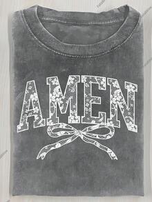 Camiseta de Algodón Lavado para Hombre y Mujer, Camiseta Negra Estampada con Encaje AMEN, Camiseta de Algodón Batik de Alta Calidad, Marca de Moda Vintage, Camiseta para Mujer, Camiseta de Otoño para Mujer, Regalo de Halloween y Navidad, Regalo para las Fiestas - Gris - Ver 1