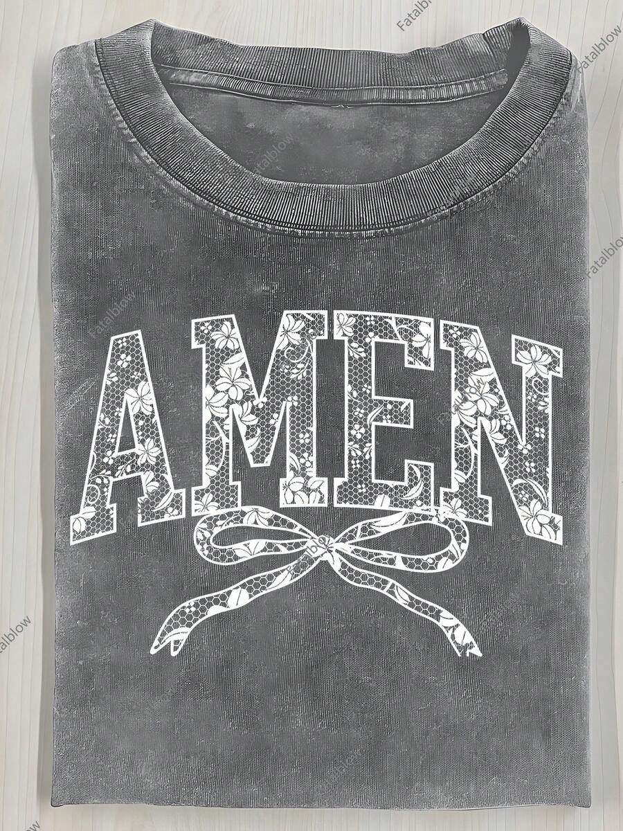 Camiseta de Algodón Lavado para Hombre y Mujer, Camiseta Negra Estampada con Encaje AMEN, Camiseta de Algodón Batik de Alta Calidad, Marca de Moda Vintage, Camiseta para Mujer, Camiseta de Otoño para Mujer, Regalo de Halloween y Navidad, Regalo para las Fiestas - Gris - Ver 1