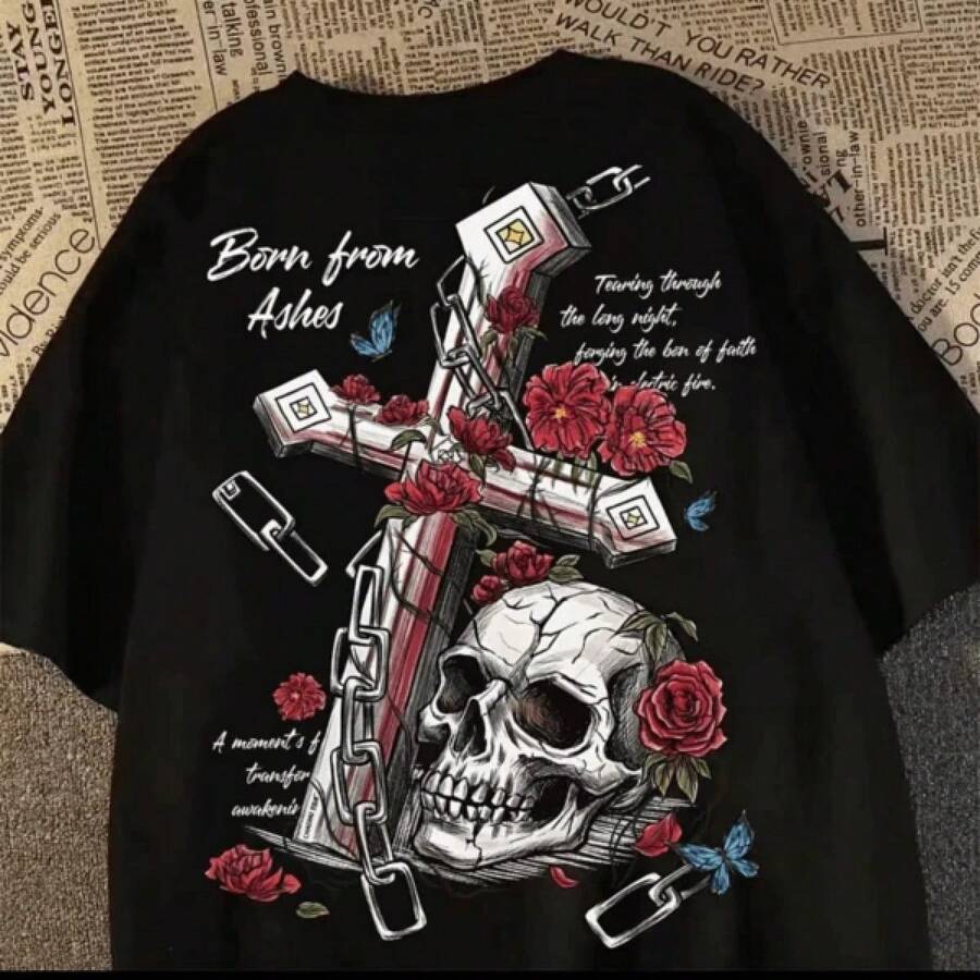 Camiseta de manga corta con estampado de calavera, estilo heavy metal, 100% algodón, lavable, cómoda para uso diario informal. - Negro - Ver 1