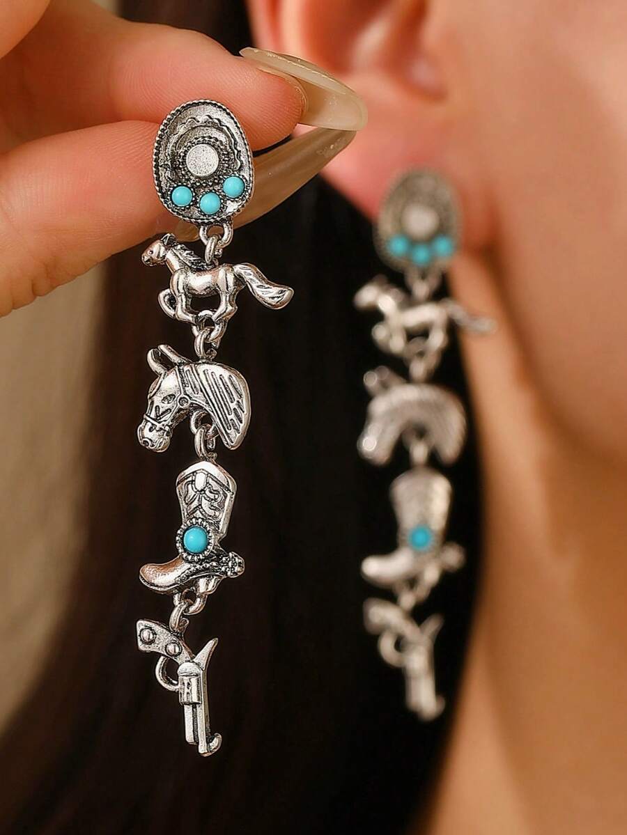 1 par de pendientes con estilo bohemio que incluyen elementos de botas, pistola y vaquero, con diseño de turquesa. Un accesorio de moda personalizado adecuado para uso diario, perfecto para fiestas, ocasiones especiales, vacaciones y uso casual. Un accesorio multiusos para mujeres. - Multicolor - Ver 1