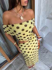 Vestido largo súper elegante y sexy con estampado de lunares marrones sobre base amarilla, con hombros descubiertos, fruncido y calado. Adecuado para vacaciones, invitada de boda, vestido de cumpleaños, salida, ceremonia de graduación, regreso a casa, vacaciones, fiestas y otras ocasiones. - Multicolor - Ver 9