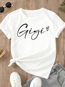Camiseta de manga corta para mujer con estampado de corazón Gigi, top casual de verano para abuela, ideal para salidas familiares. - Blanco - Ver 2