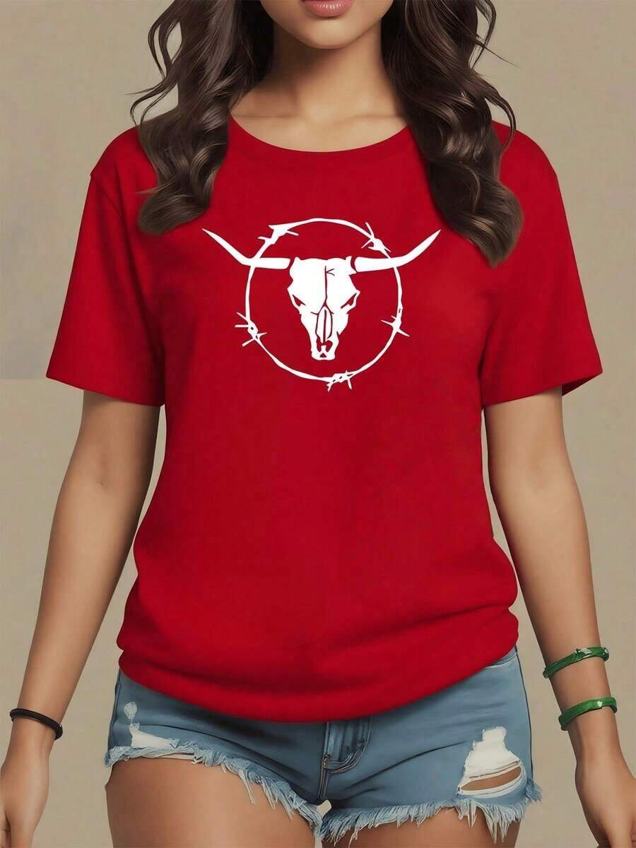 Comfortable Bull Skull Surrounded By Barbed Wire Symbolizing Strength And Freedom Of The Desert Spirit Women's T-Shirt 100% Cotton Comfortable And Modern Fashion All-Match Women's Short Sleeve T-Shirt, Basic Style For Inner & Outer Wear - 紅色的 - 查看 1