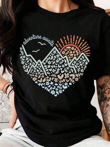 La aventura casual te espera: Camiseta con diseño de corazón y paisaje montañoso para mujer, camiseta gráfica inspirada en la naturaleza al aire libre con patrón de sol y flores, ropa casual para senderismo, camping y viajes. Moda de temporada. - Negro - Ver 7
