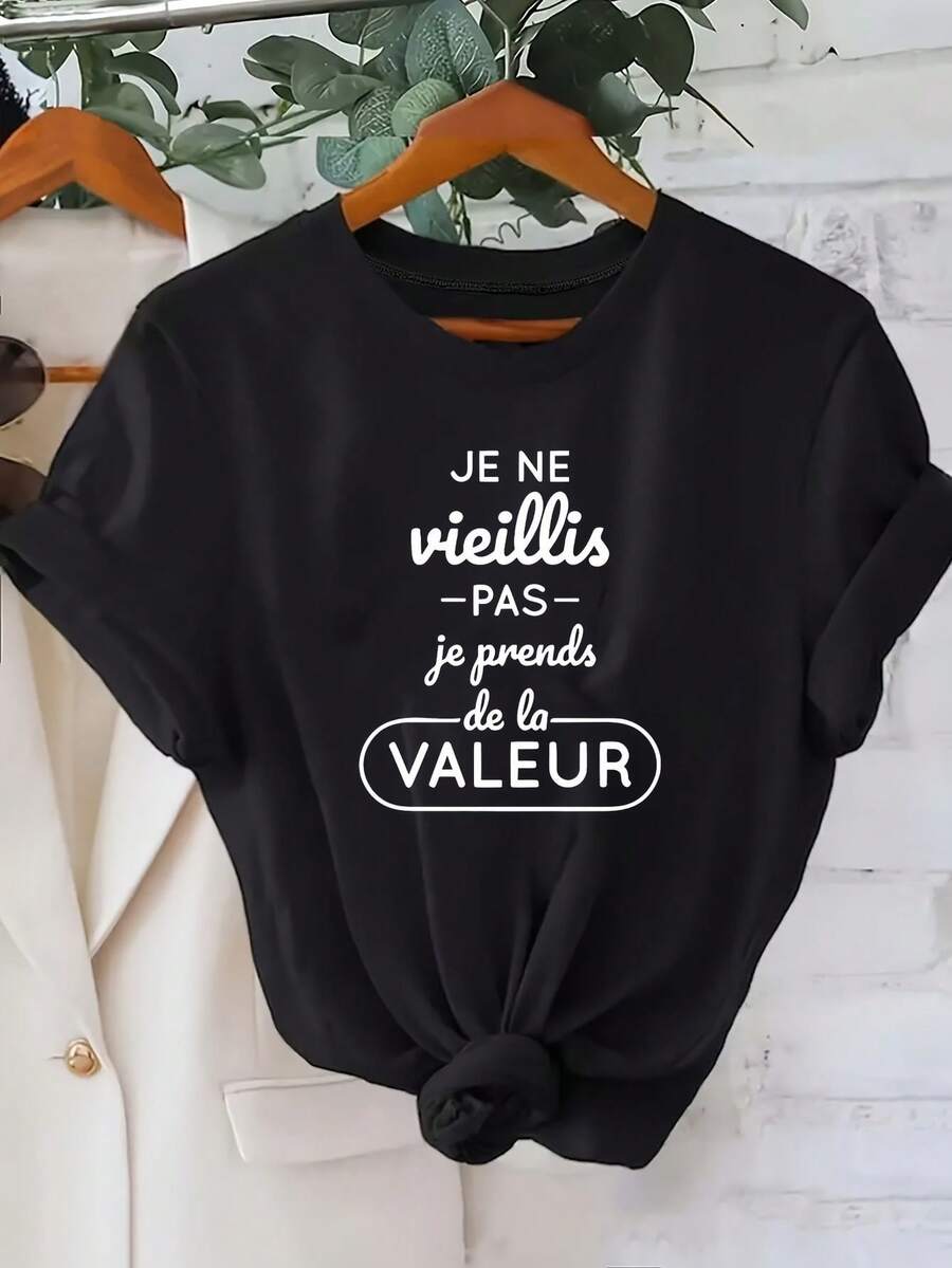 Camiseta Casual de Verano para Mujer con Estampado Francés "Je Ne Vais Pas Je Pends de la Valeur" - Rosa Claro, Manga Corta, Cuello Redondo, Ropa Casual | Camiseta con Estampado Francés | Estilo Casual - Negro - Ver 1