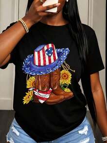 Women's T-Shirt With Patriotic American Flag Print, Hat And Cowboy Boots With Sunflowers For Independence Day Celebration And Summer Outdoor Events - 黑色 - 查看 2