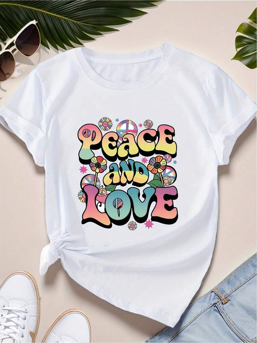 Camiseta de manga corta para mujer Peace and Love, talla S, corte holgado. Por favor, consulte la tabla de tallas. Top cómodo y versátil de manga corta. - Blanco - Ver 1