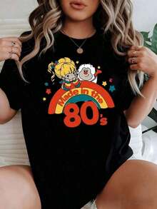 Fashion NEW Women's 100% Cotton Casual T-Shirt With A Colorful Rainbow Design, A Playful Cartoon Girl And A Cheerful Character Symbolizing 80s Nostalgia. Gift Idea.-Unisex Loose Cotton T-Shirt With Short Sleeves And Urban Vintage Style Round Neck. - 黑色 - 查看 1