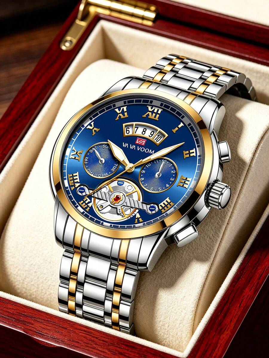 Đồng hồ nam thép không gỉ 41mm hoàn toàn mới năm 2025 với trang trí màu vàng, bạc và đen, Tourbillon mô phỏng, phát sáng, có lịch, chuyển động thạch anh chống nước, đồng hồ thể thao