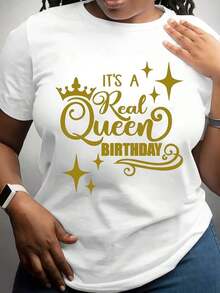 100% algodón, camiseta de mujer con estampado de corona de reina y estrellas, regalo para fiesta de cumpleaños de mujer. - Blanco - Ver 1
