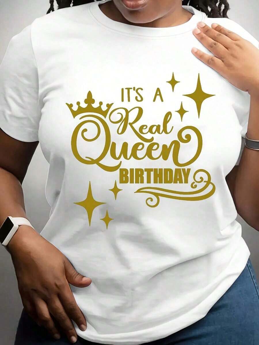 100% algodón, camiseta de mujer con estampado de corona de reina y estrellas, regalo para fiesta de cumpleaños de mujer. - Blanco - Ver 1