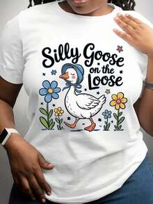 100% algodón, camiseta de mujer, talla grande con estampado de pato de dibujos animados y flores - Ropa casual para mujer, perfecta para salidas de primavera y verano. - Blanco - Ver 1