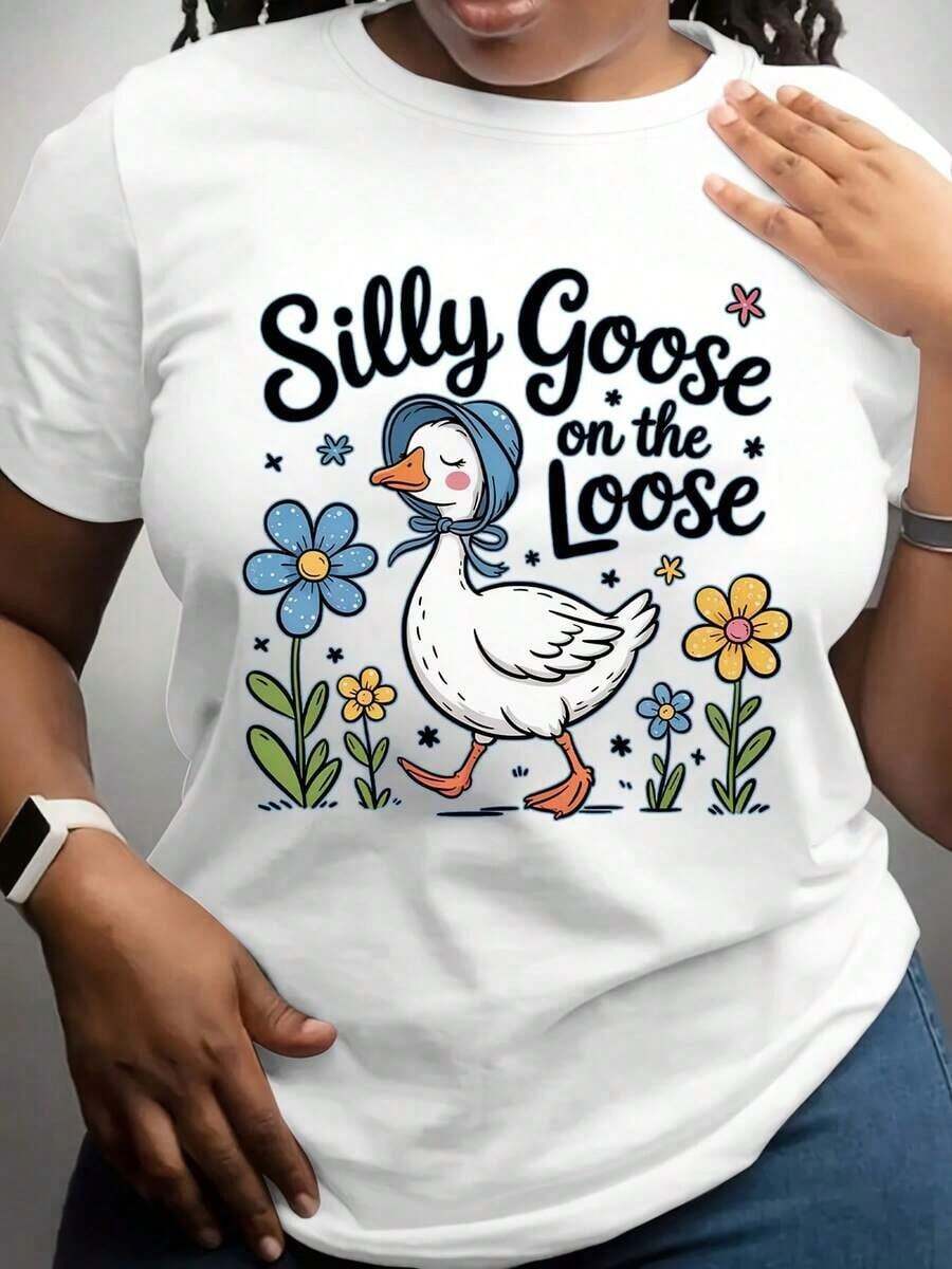 100% algodón, camiseta de mujer, talla grande con estampado de pato de dibujos animados y flores - Ropa casual para mujer, perfecta para salidas de primavera y verano. - Blanco - Ver 1
