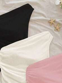3 piezas de blusas de hombros asimétricas con bajo asimétrico en colores surtidos negro, marrón y caqui, aptas para el verano - Multicolor - Ver 3