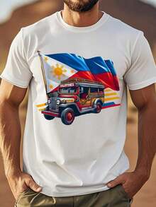 Sports T-Shirt With Philippine Flag Graphics And Jeepney - Proud Philippine Souvenir, Breathable Black Cotton T-Shirt With Slight Stretch, Regular Fit, Crew Neck, Short Sleeve For Men And Women, Casual Wear For All Seasons, Philippines T-Shirt, Comfortable Fit T-Shirt, Relaxed Fit Plus Size T-Shirt - 白色 - 查看 1