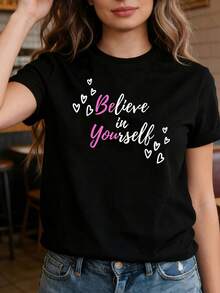 Camiseta de algodón puro con el eslogan inspirador "Cree en ti mismo" impreso, una camiseta de primavera/verano para mujer adecuada para el uso diario, el auto-animación, el lugar de trabajo, reuniones sociales y ocasiones de apoyo emocional. Es una camiseta de manga corta para un look casual y elegante al salir. - Negro - Ver 6