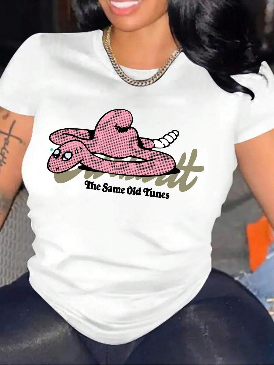 Women's Plus Size Black Printed Crew Neck T-Shirt - Pink Snake Print, Casual Everyday Top, Machine Washable, Versatile For All Seasons, Casual Blouses For Women - 白色 - 查看 1