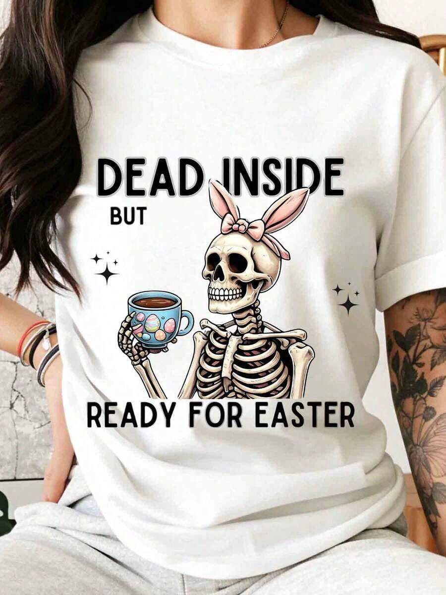 Camiseta de Conejo Esqueleto "Muerto por Dentro Pero Listo para Pascua" con Diseño de Taza de Café para las Fiestas de Pascua, Camiseta Divertida para Mujer - Blanco - Ver 1