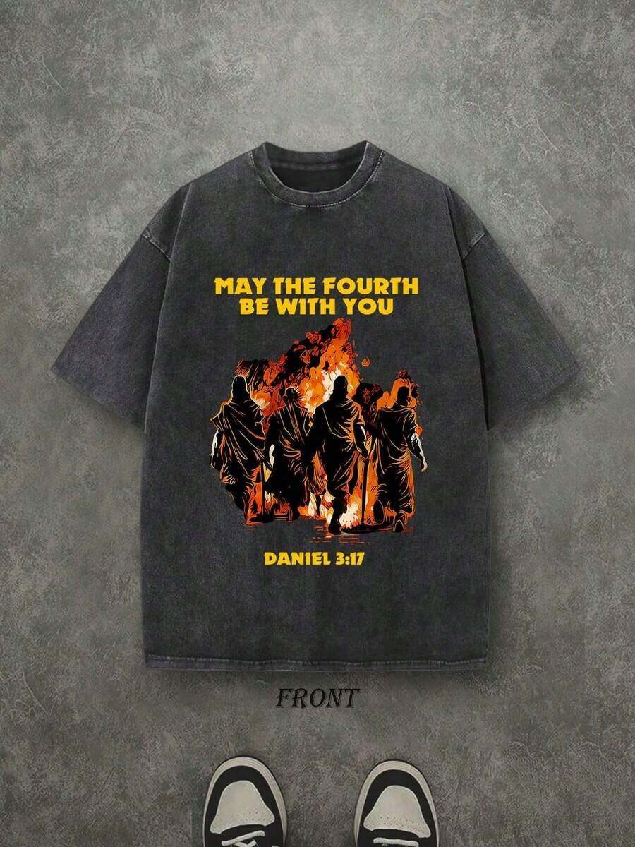 May The Fourth Be With You, Unisex Christian Washed T-Shirt, Christian Scripture T-Shirt, Vintage Retro Washed T-Shirt With One-Sided Print (230 G/M² Pure Cotton T-Shirt), High-Quality Christian T-Shirt, Christian Gifts, T-Shirts For Men And Women, Comfortable And Fashionable Christian T-Shirt, Pure Cotton Urban Style Autumn T-Shirt - 黑色 - 查看 1