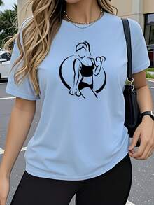 Women's Summer Clothes 2026, Short Sleeve T-Shirt, Y2K Style, Round Neck, Simple Fashion, Casual Sportswear For Training, Short Sleeve T-Shirt, Artistic And Modern Design With Sports Figure Print. 6G12 - 淺藍色 - 查看 6