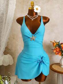 2026 Zestiva Falda de traje de baño elegante para mujer con correa ancha de unicolor y decoración de estrella de mar, adecuada para primavera, verano y otoño en vacaciones de playa - Azul - Ver 4