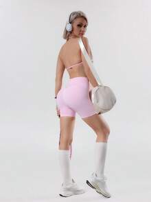 Women's Summer 2 Pieces Pink Top And High-Waisted Shorts Set, Suitable For Sports, Yoga, Pilates, Gym, Running - Pink - View 4