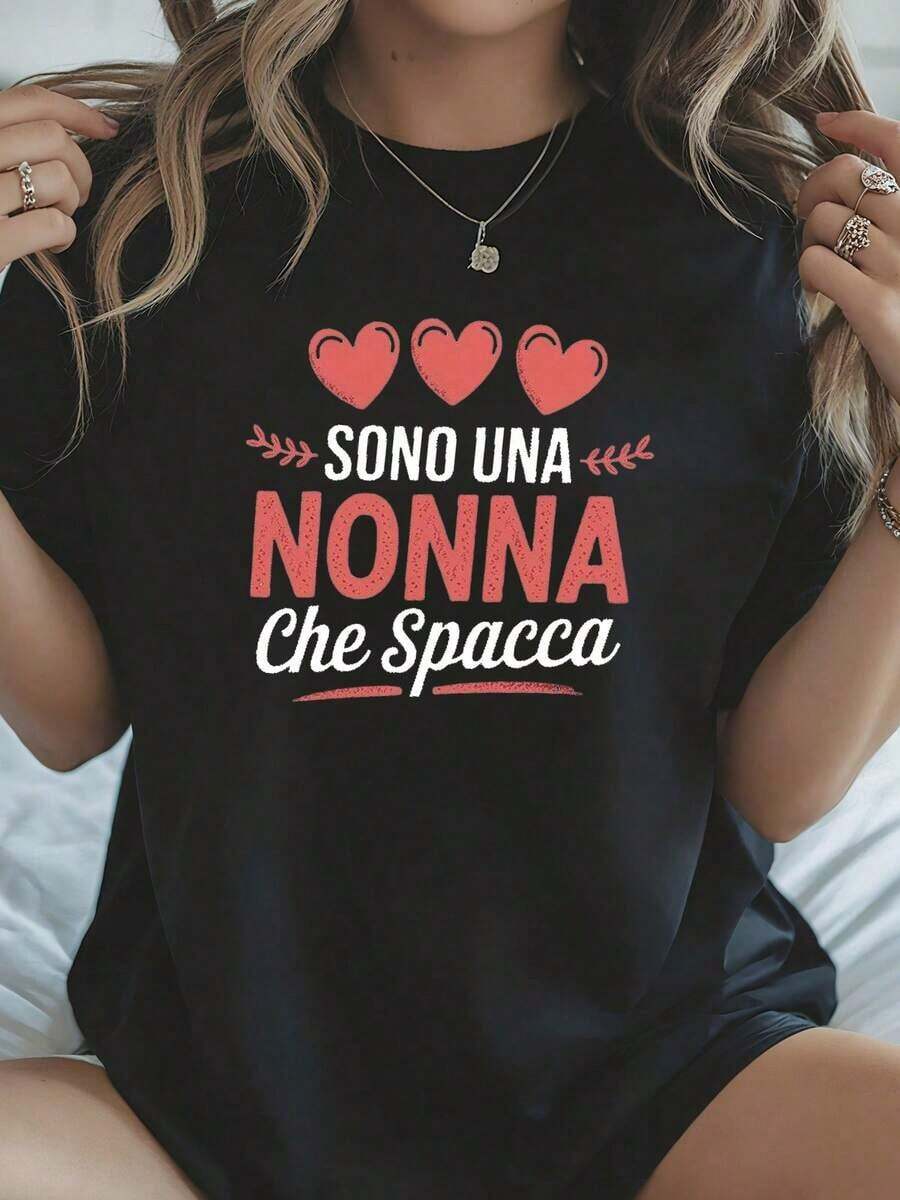 Sono Una Nonna Che Spacca Women's Casual Short Sleeve T-Shirt With Round Neck And Letter Print, Spring Summer, Daily Style, Daily Outings, Holiday Gift, Women's T-Shirts - 黑色 1 - 查看 1