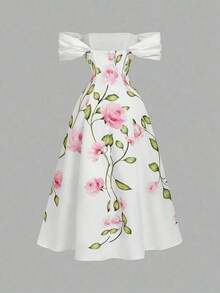 MOD Vestido floral con hombros descubiertos elegante para mujer - Blanco - Ver 4
