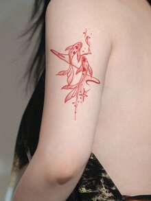 1 Tattoo Sticker, Red Ink Watercolor Line Double Koi Fish Vertical New Chinese Style Simple Personalized Temporary Tattoo Sticker, Washable, PVC, Disposable, Waterproof And Sweatproof, Suitable For Arms, Waist, Abdomen, Back, Legs, Non-Reflective, Realistic Tattoo, Suitable For People, Daily Use, Lasts 3-5 Days - Red - View 3