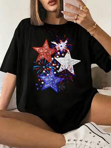 MPLSL|Camiseta de moda de Milán con estampado, blusa casual de mujer de manga corta y cuello redondo para primavera y verano|Camiseta negra con estampado festivo de estrellas y fuegos artificiales - Negro - Ver 1