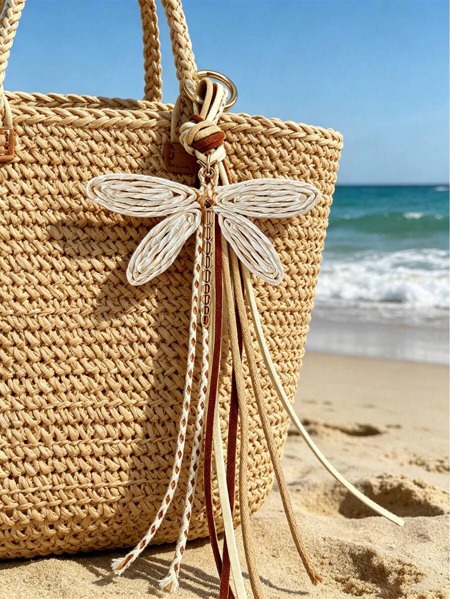 Porte-clés tressé libellule, pendentif tressé libellule d'été, breloque de sac style bohème en paille tressée avec étoile colorée et gland, pendentif libellule, pendentif cocotier