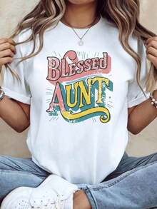 Camiseta de Cuello Redondo con Estampado Vintage "AUNT" Tía Afortunada para Mujer, para Reuniones Familiares, Camiseta Casual para el Uso Diario de la Tía, Camiseta de Manga Corta Cálida y Única para Salidas Diarias. Camiseta Casual de Manga Corta para Mujer, Talla Estándar, Camiseta Básica, Blusas para Mujer Casual. - Blanco - Ver 1