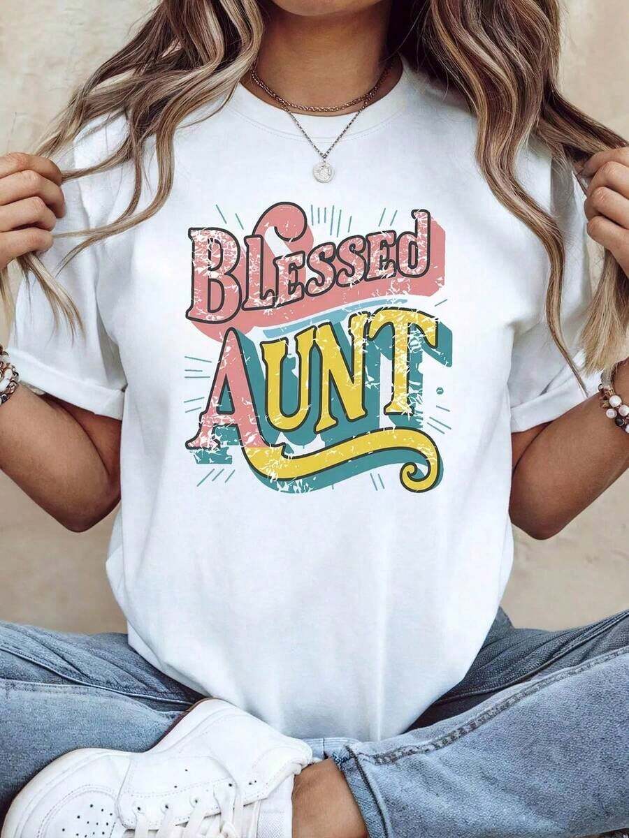 Camiseta de Cuello Redondo con Estampado Vintage "AUNT" Tía Afortunada para Mujer, para Reuniones Familiares, Camiseta Casual para el Uso Diario de la Tía, Camiseta de Manga Corta Cálida y Única para Salidas Diarias. Camiseta Casual de Manga Corta para Mujer, Talla Estándar, Camiseta Básica, Blusas para Mujer Casual. - Blanco - Ver 1