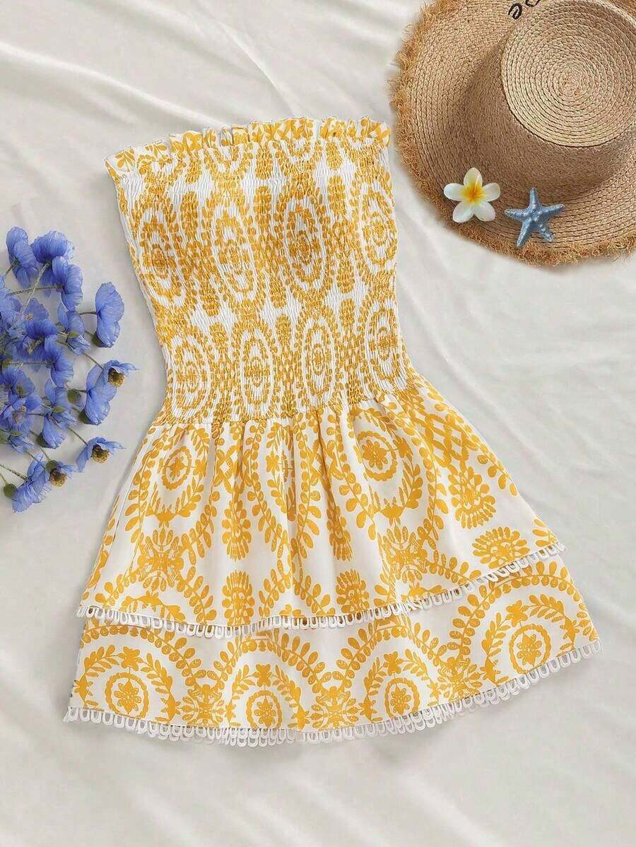 Vestido corto elegante bohemio de línea A con diseño de hombros abiertos, con volantes, cintura tableada elástica, corte hueco bordado y bajo con volantes - amarillo ganso - Ver 1