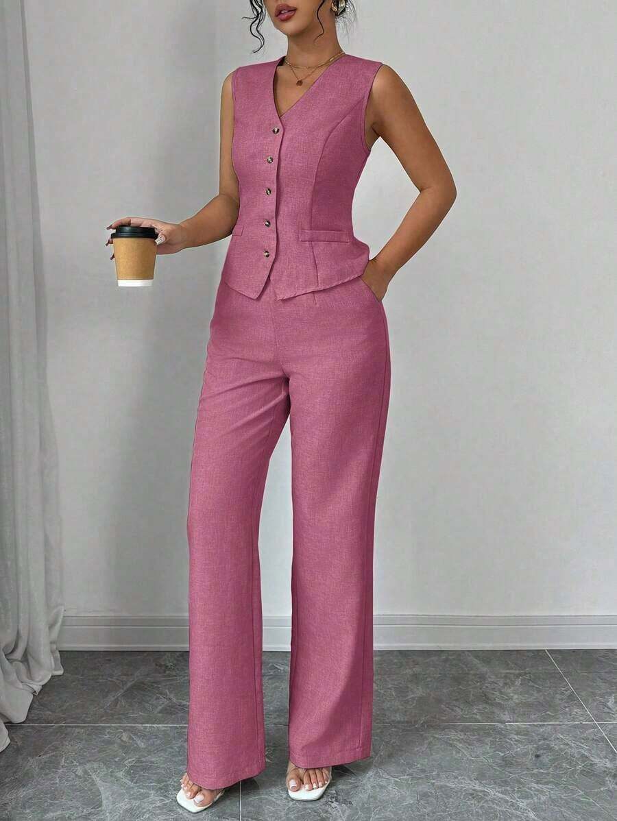 Traje de oficina elegante y estiloso para mujer con chaleco sin mangas de cuello en V con diseño de lazo en la cintura y pantalón recto de unicolor - Rosa Fucsia - Ver 1