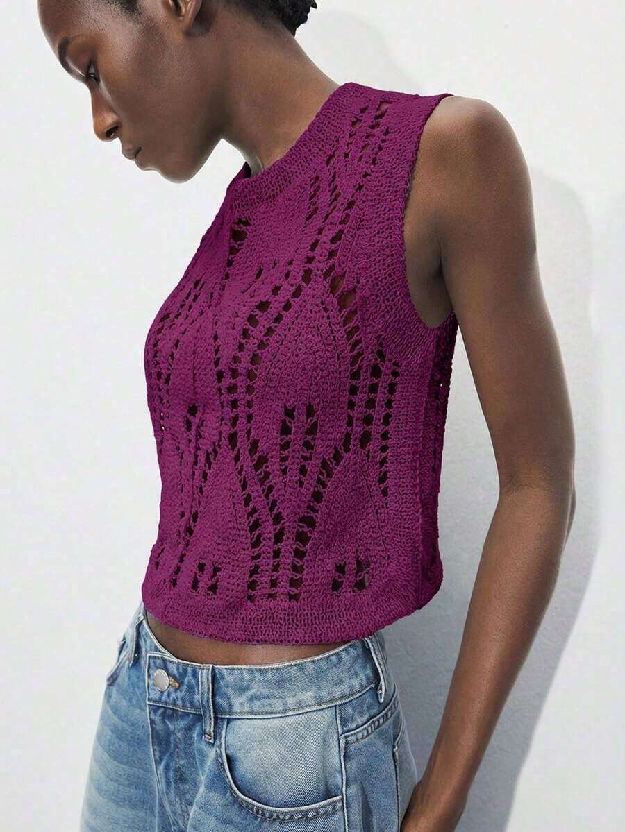 Parte superior de punto sin mangas con diseño calado de unicolor, adecuada para el Día de San Patricio, vacaciones de primavera, Pascua.Parte superior calada para el verano, blusas de verano para mujeres, blusas de punto para mujeres - Rosa Fucsia - Ver 1