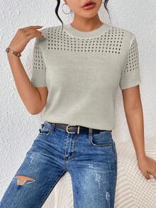 Top de punto de cuello redondo de unicolor con mangas cortas para verano, como ropa para Año Nuevo - Gris Claro - Ver 3