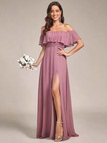 Vestido de dama de honor amarillo con volantes en los hombros, abertura alta y silueta A, adecuado para bodas de primavera/verano, fiestas, playa y vacaciones - Rosa vieja - Ver 6